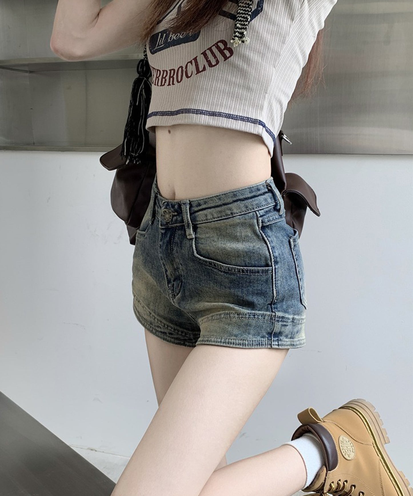 ユーズド風 ハイウエスト デニム ショート パンツ