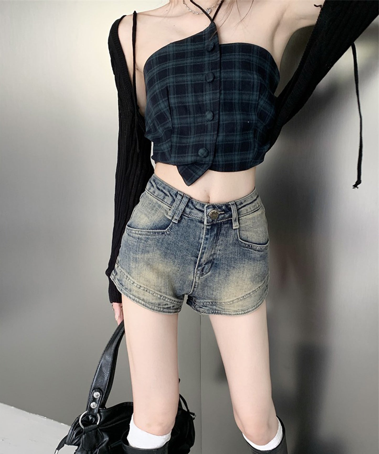 ユーズド風 ハイウエスト デニム ショート パンツ