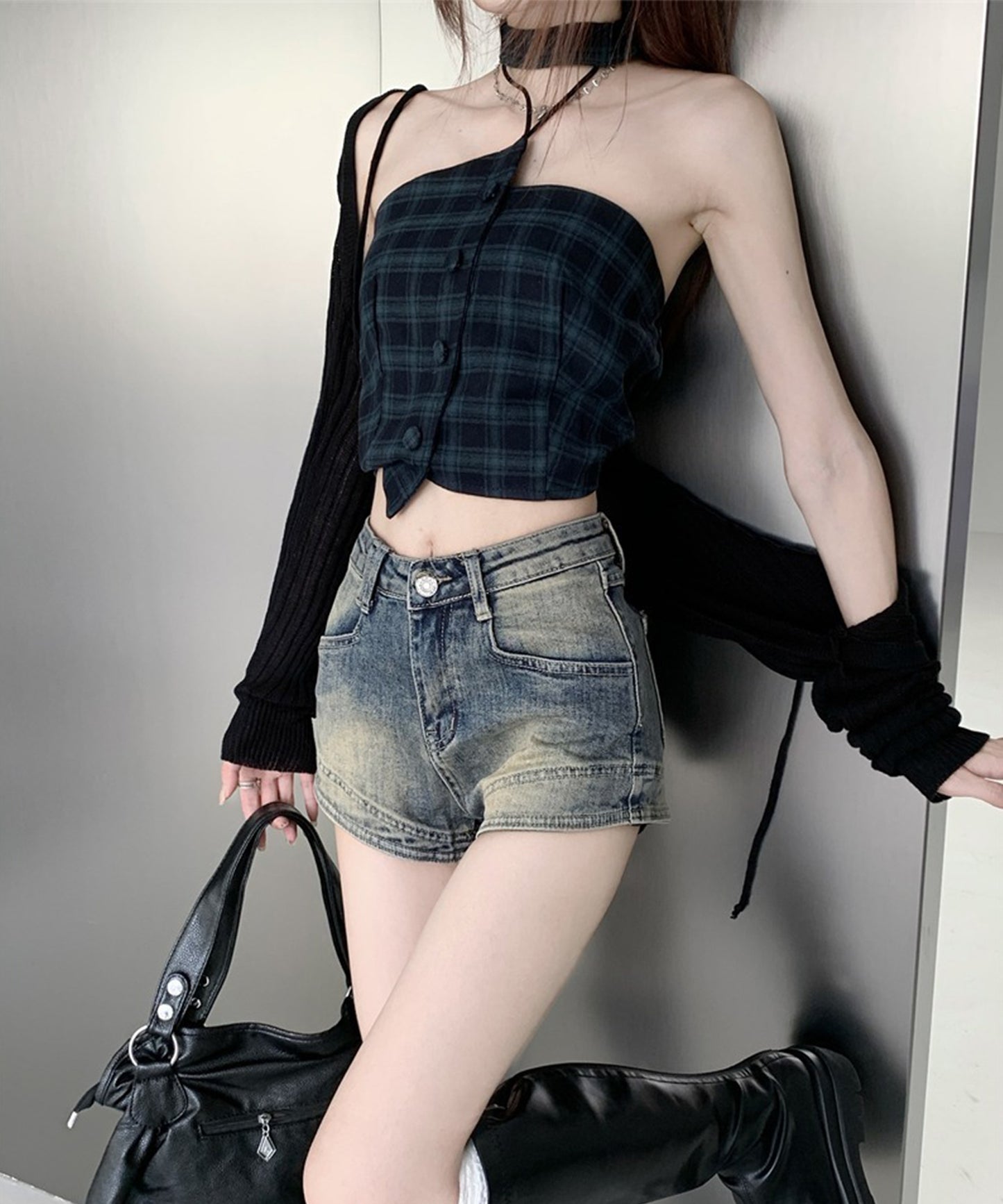 ユーズド風 ハイウエスト デニム ショート パンツ