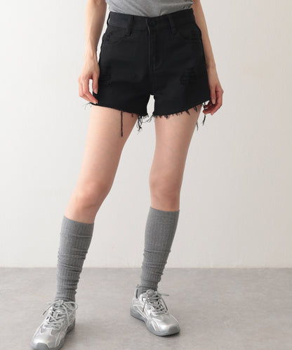 ダメージ ハイウエスト デニム ショート パンツ