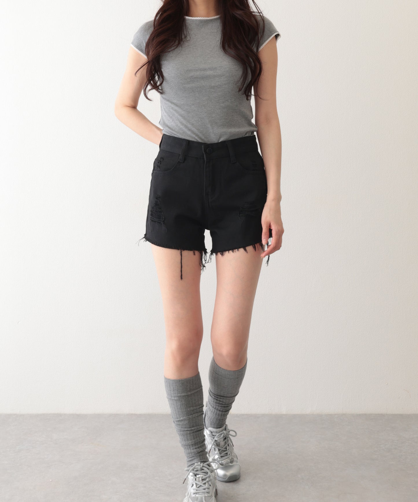 ダメージ ハイウエスト デニム ショート パンツ