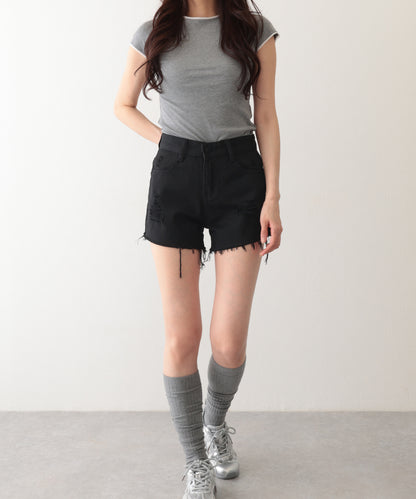 ダメージ ハイウエスト デニム ショート パンツ