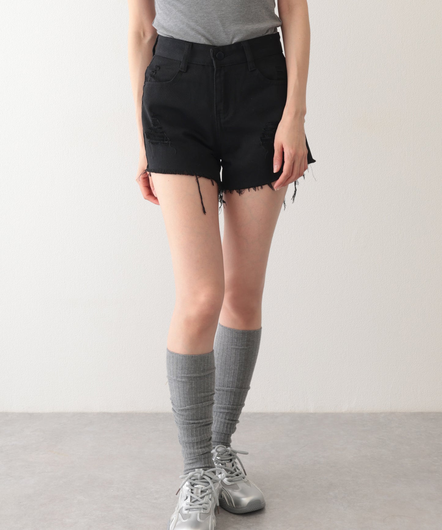 ダメージ ハイウエスト デニム ショート パンツ