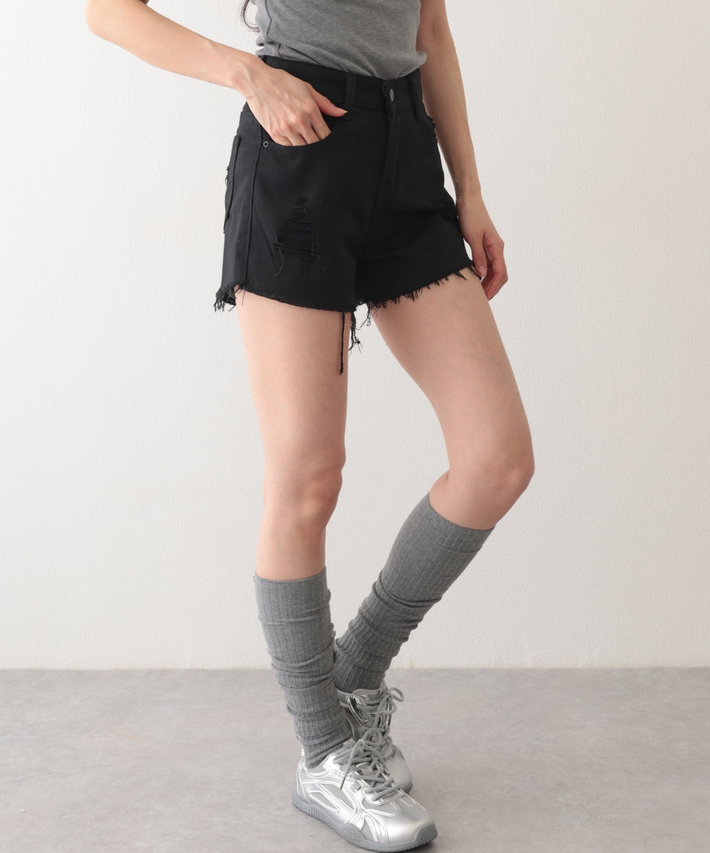 ダメージ ハイウエスト デニム ショート パンツ