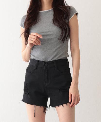 ダメージ ハイウエスト デニム ショート パンツ
