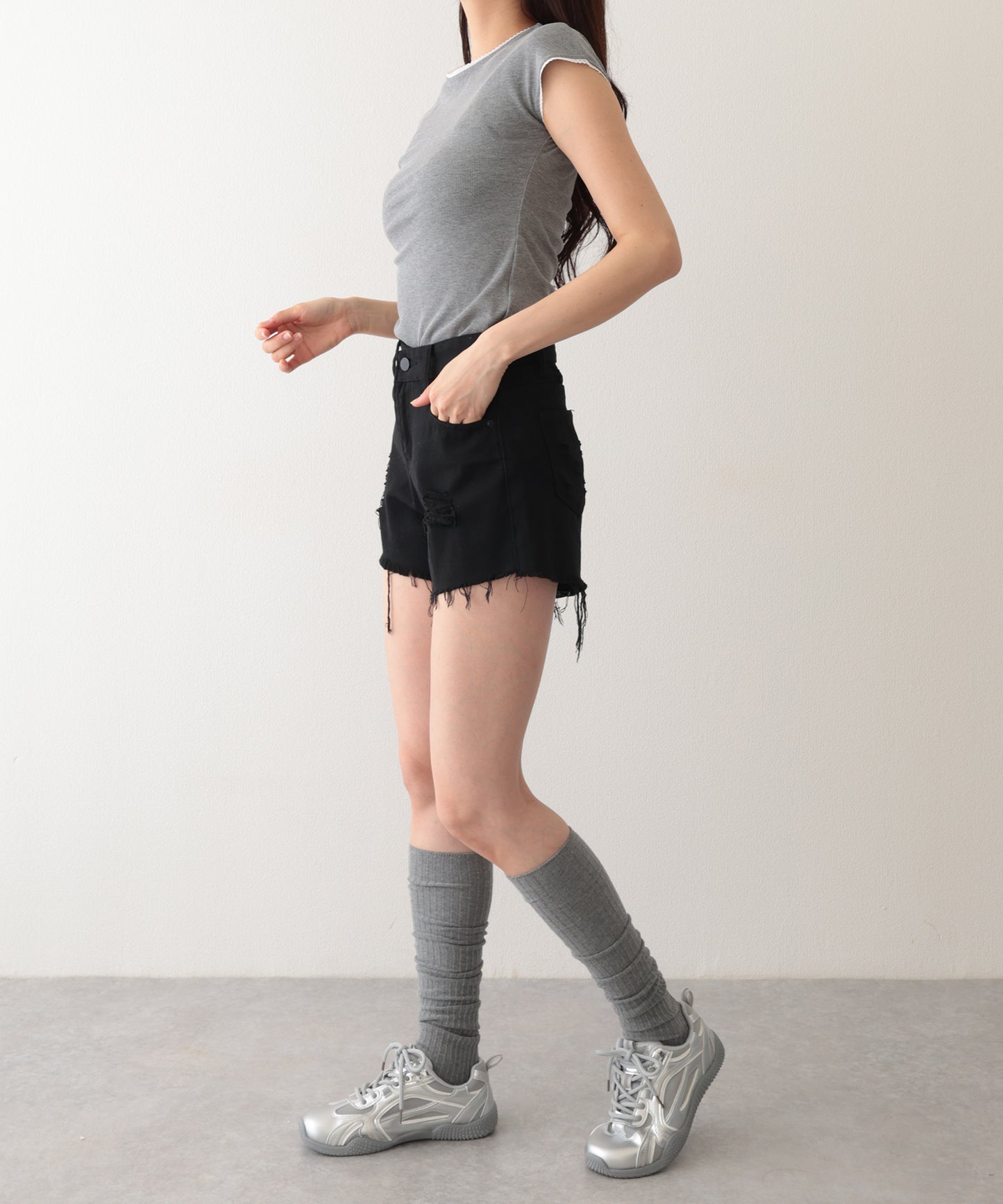 ダメージ ハイウエスト デニム ショート パンツ