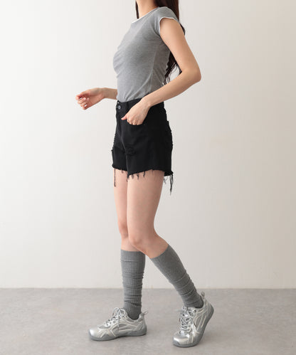 ダメージ ハイウエスト デニム ショート パンツ