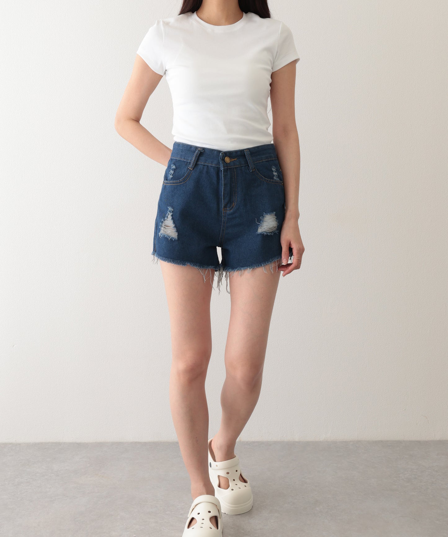 ダメージ ハイウエスト デニム ショート パンツ