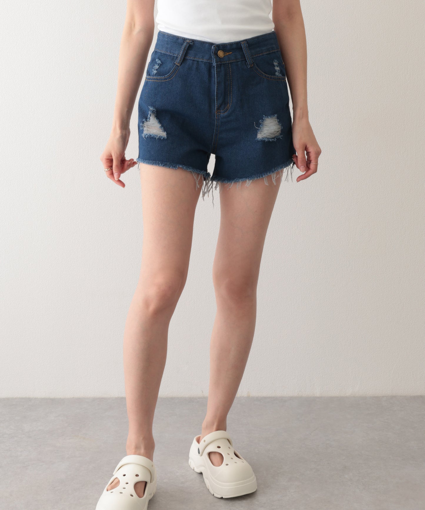 ダメージ ハイウエスト デニム ショート パンツ