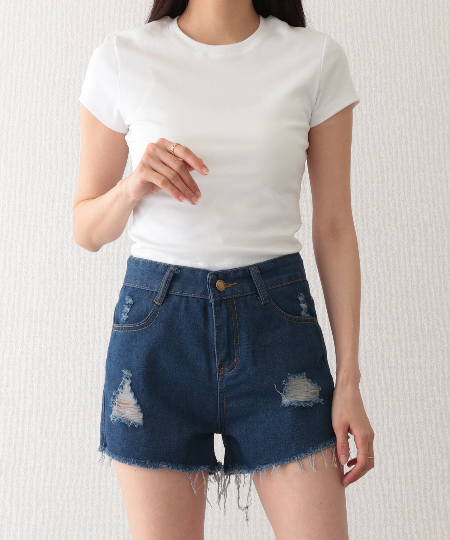 ダメージ ハイウエスト デニム ショート パンツ