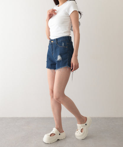 ダメージ ハイウエスト デニム ショート パンツ