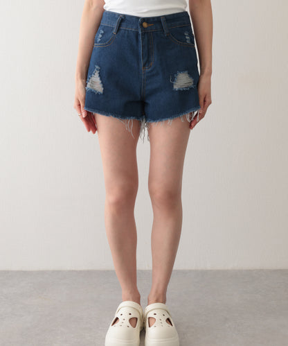 ダメージ ハイウエスト デニム ショート パンツ