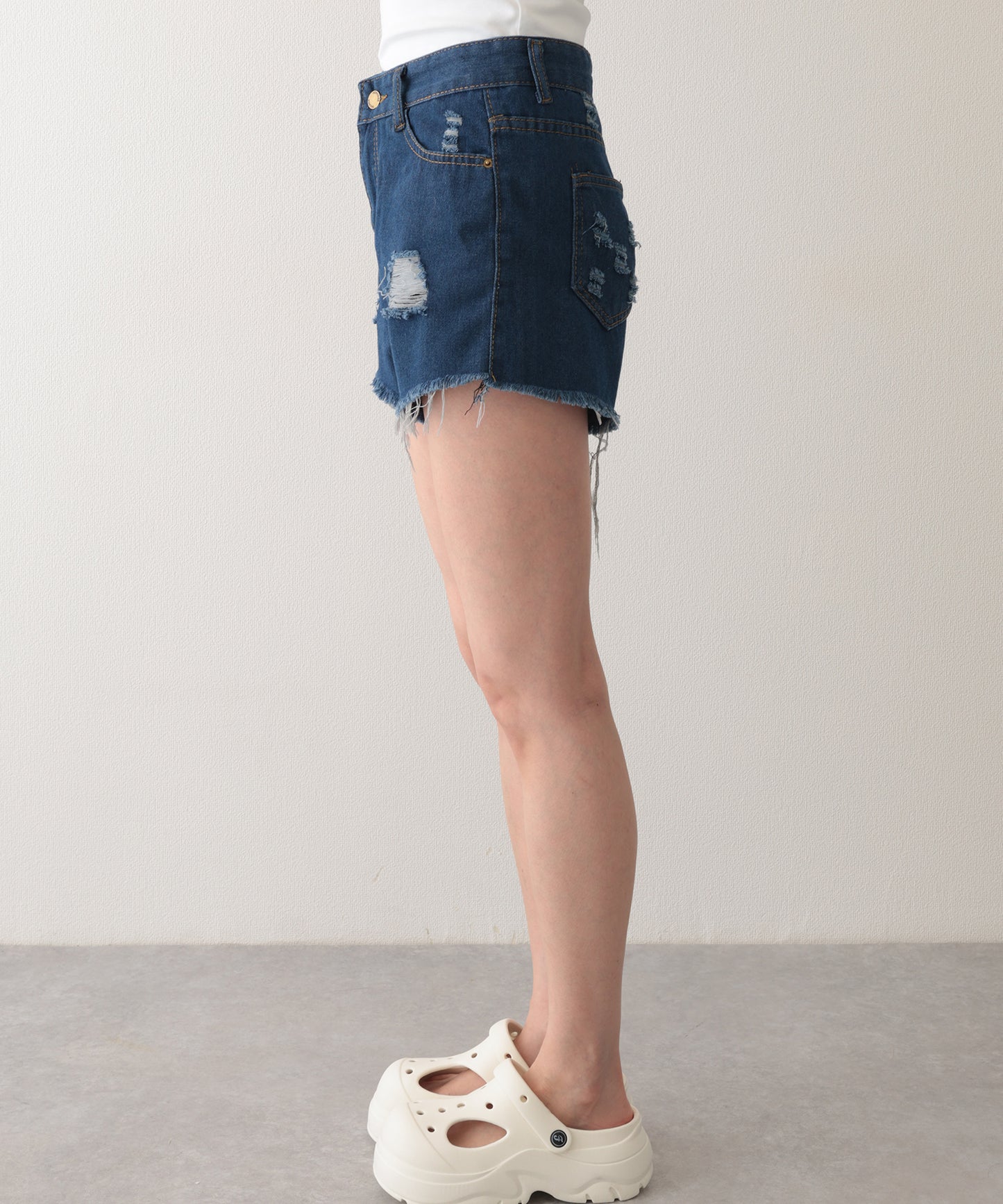 ダメージ ハイウエスト デニム ショート パンツ