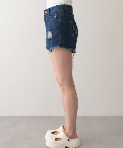 ダメージ ハイウエスト デニム ショート パンツ