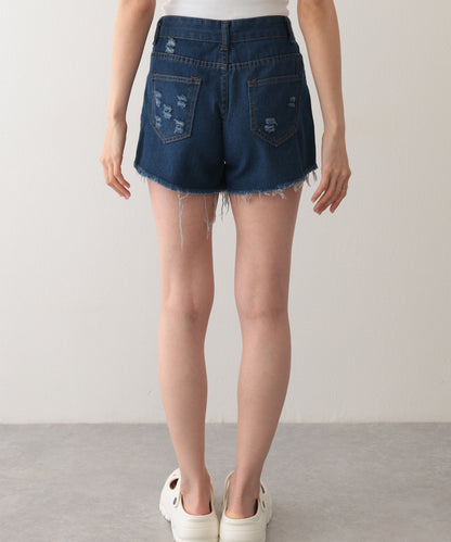 ダメージ ハイウエスト デニム ショート パンツ