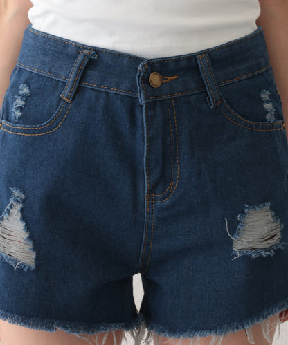ダメージ ハイウエスト デニム ショート パンツ