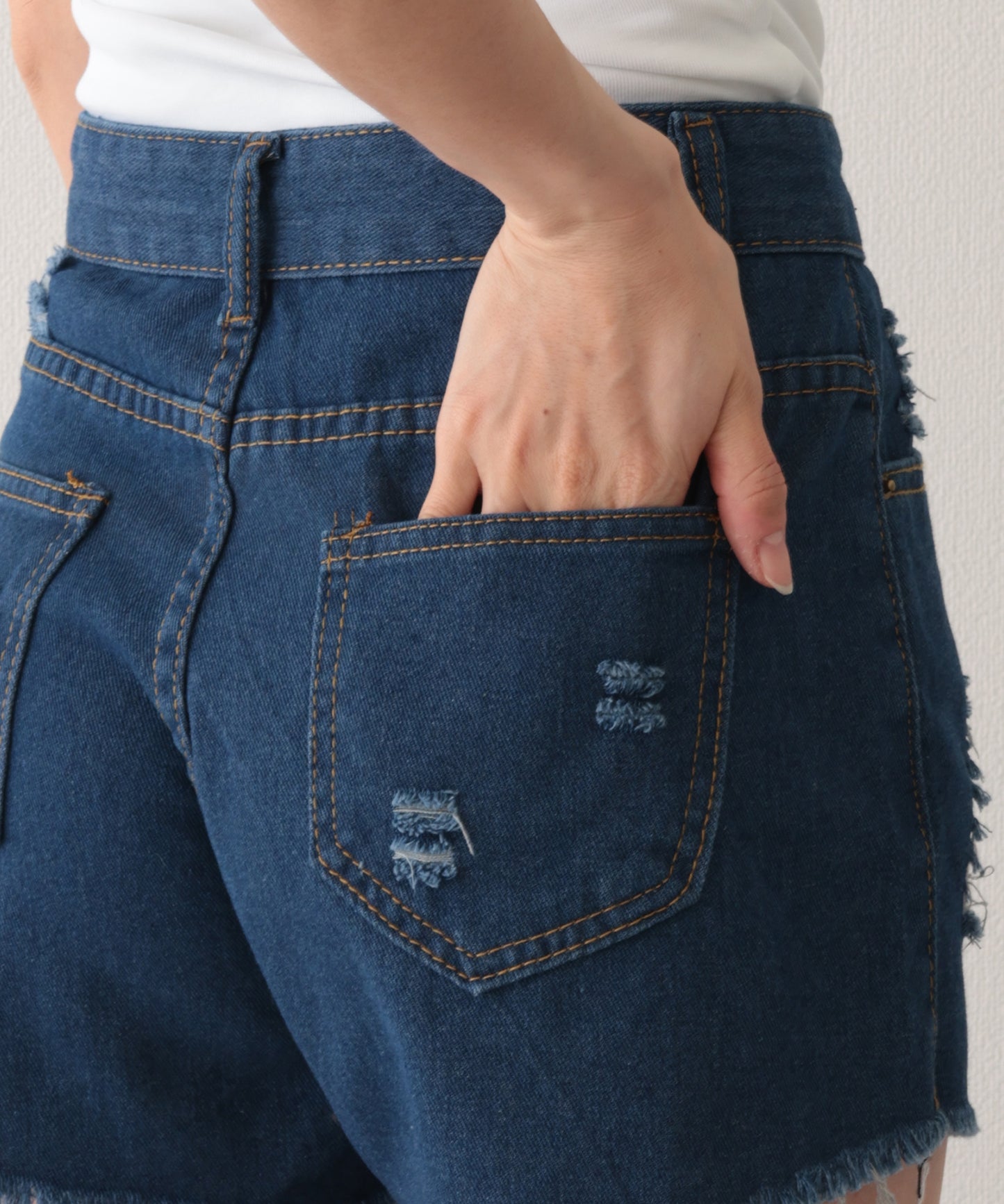 ダメージ ハイウエスト デニム ショート パンツ
