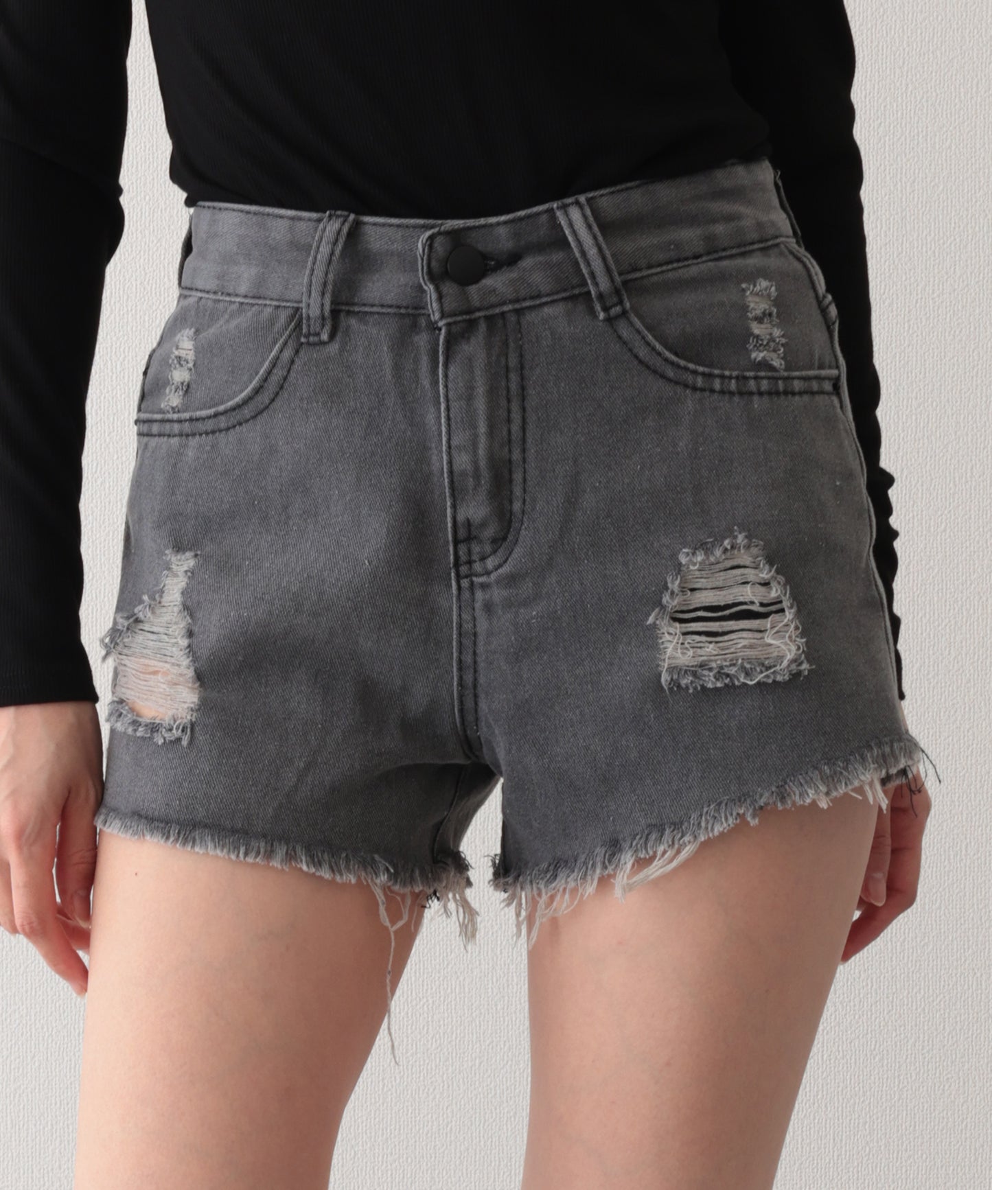 ダメージ ハイウエスト デニム ショート パンツ