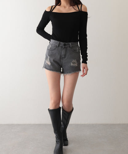 ダメージ ハイウエスト デニム ショート パンツ