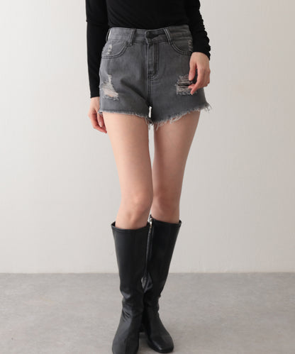 ダメージ ハイウエスト デニム ショート パンツ