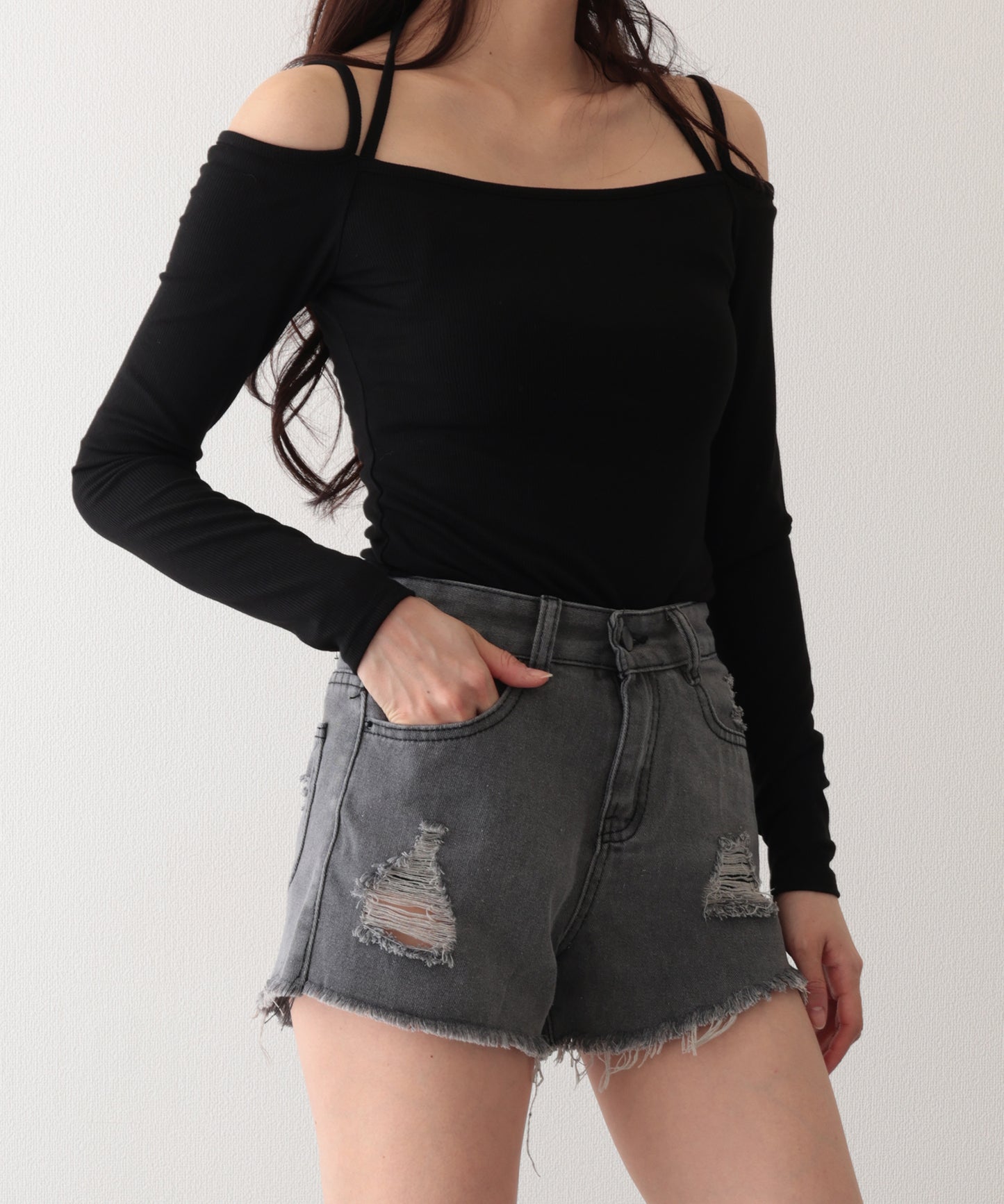 ダメージ ハイウエスト デニム ショート パンツ