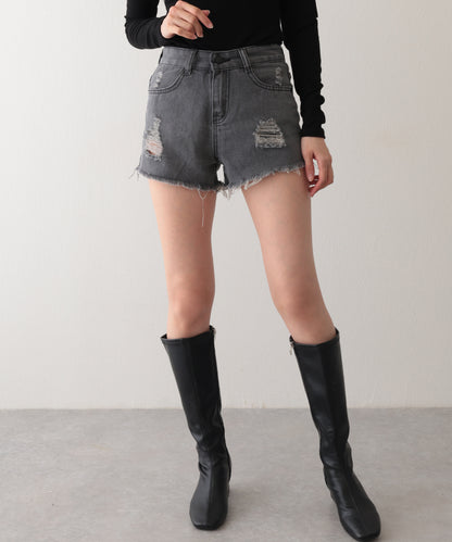 ダメージ ハイウエスト デニム ショート パンツ