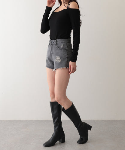 ダメージ ハイウエスト デニム ショート パンツ