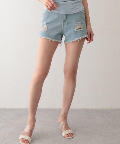 ダメージ ハイウエスト デニム ショート パンツ