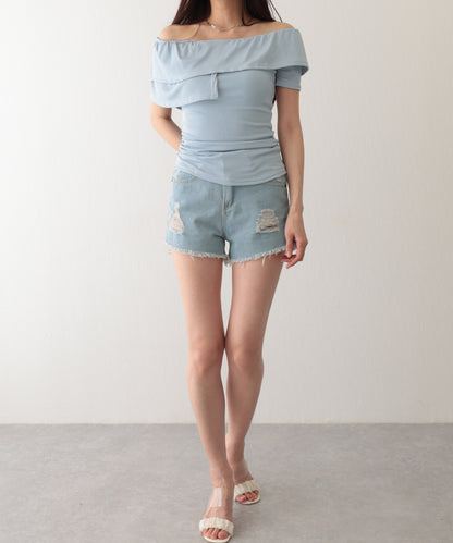 ダメージ ハイウエスト デニム ショート パンツ