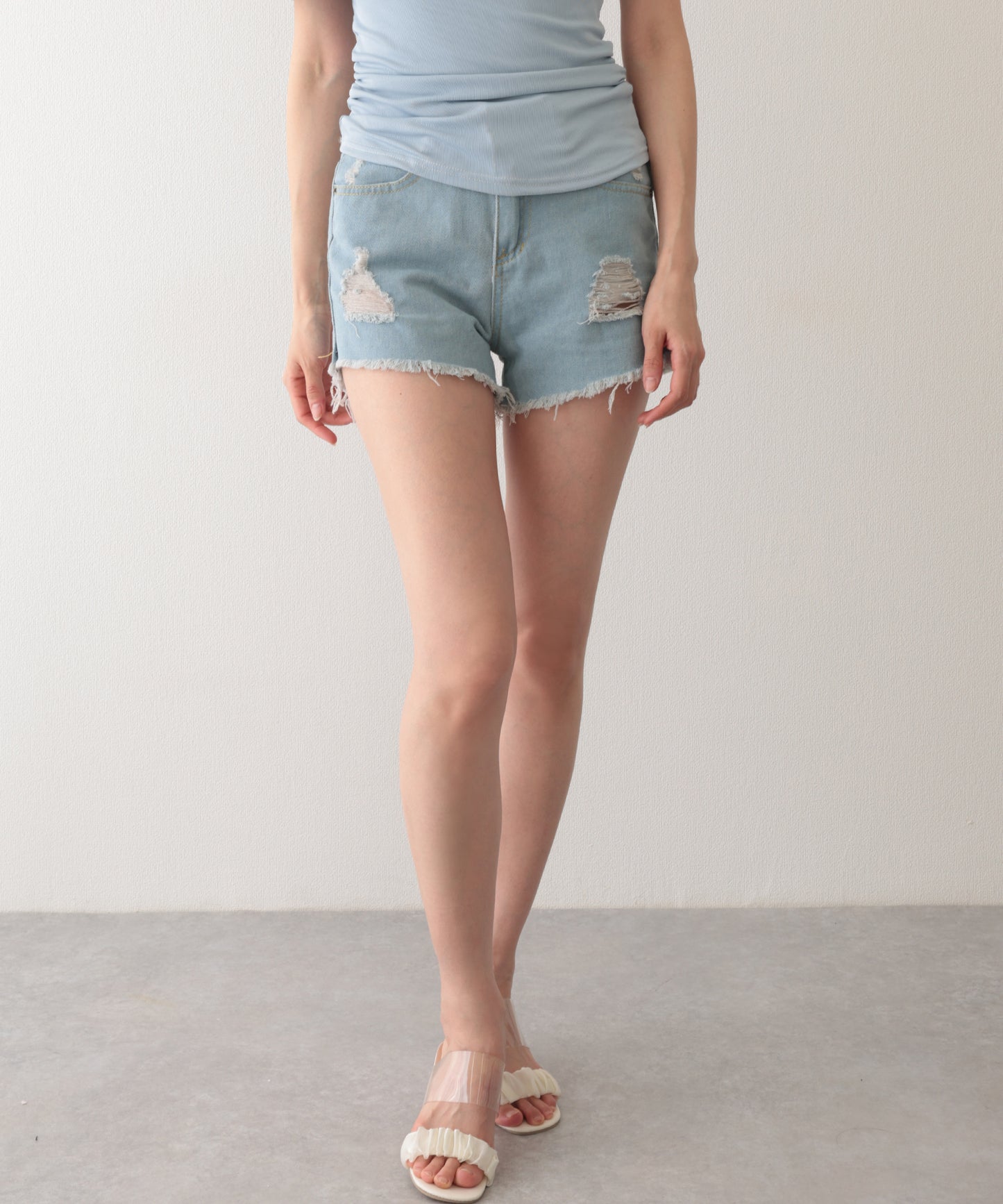 ダメージ ハイウエスト デニム ショート パンツ