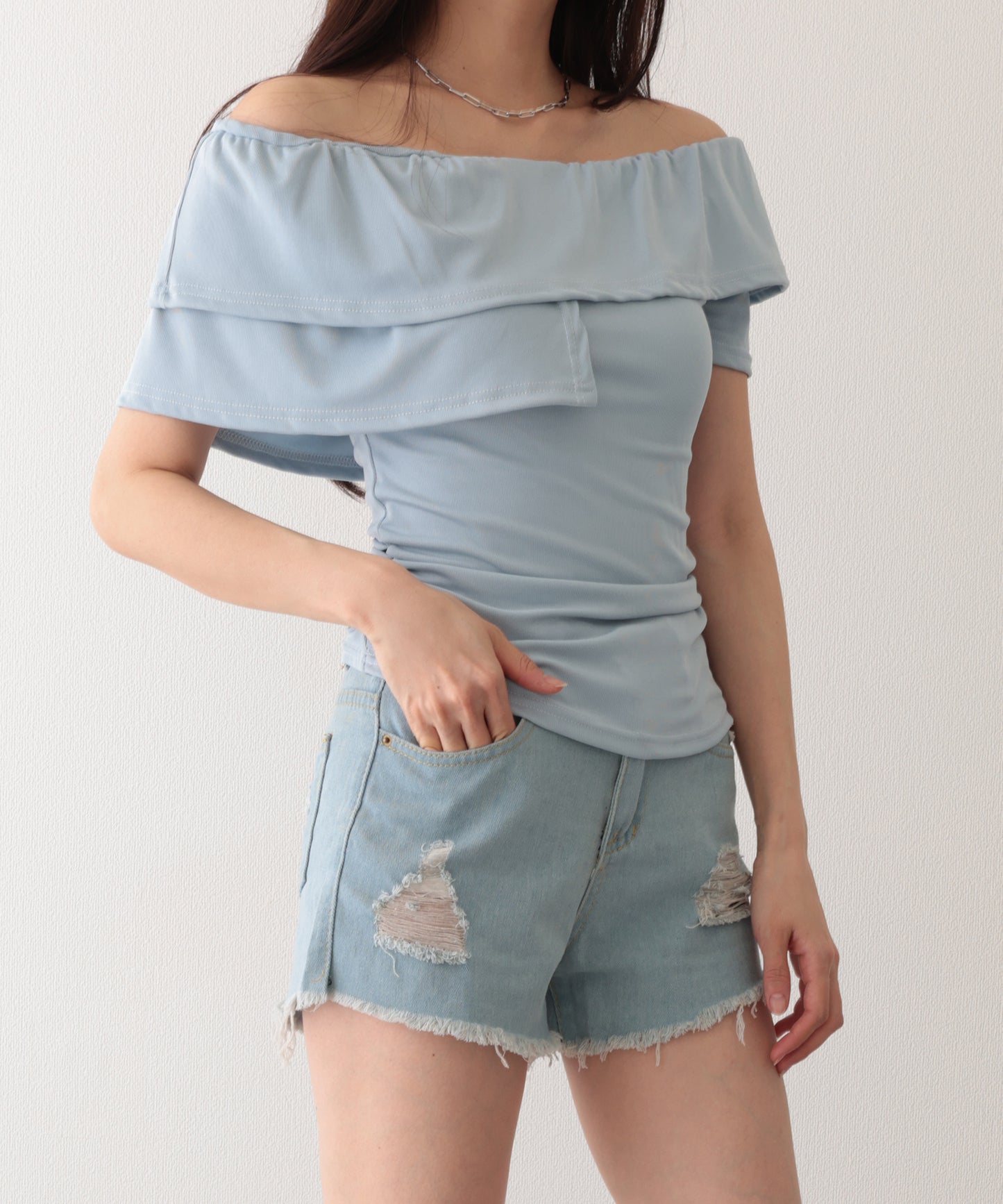 ダメージ ハイウエスト デニム ショート パンツ