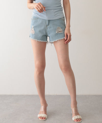 ダメージ ハイウエスト デニム ショート パンツ