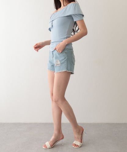 ダメージ ハイウエスト デニム ショート パンツ