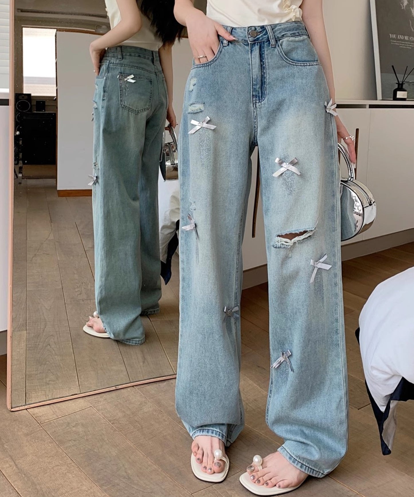 ウォッシュ加工 ダメージ リボン付き ハイウエスト デニムパンツ