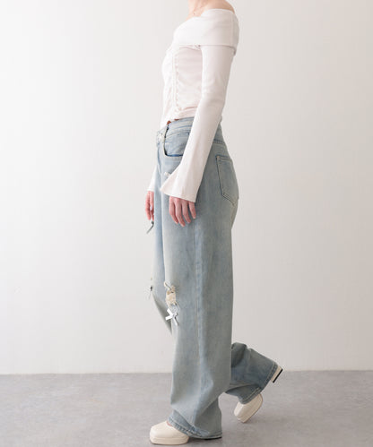 ウォッシュ加工 ダメージ リボン付き ハイウエスト デニムパンツ
