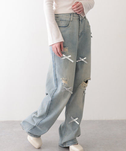 ウォッシュ加工 ダメージ リボン付き ハイウエスト デニムパンツ