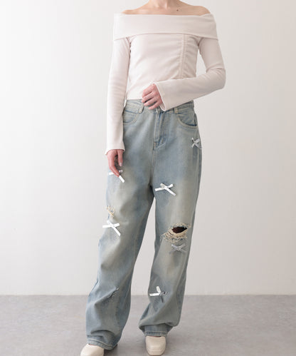 ウォッシュ加工 ダメージ リボン付き ハイウエスト デニムパンツ