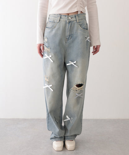 ウォッシュ加工 ダメージ リボン付き ハイウエスト デニムパンツ