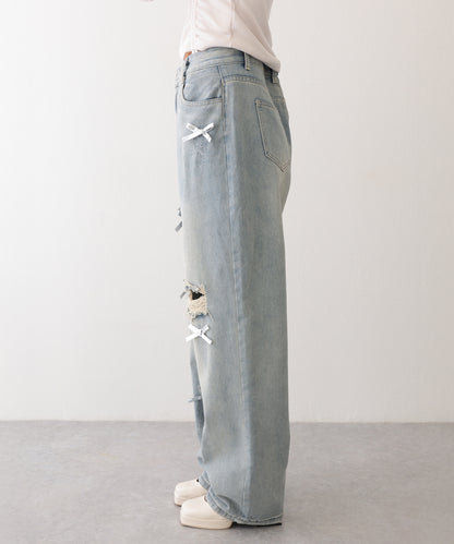 ウォッシュ加工 ダメージ リボン付き ハイウエスト デニムパンツ