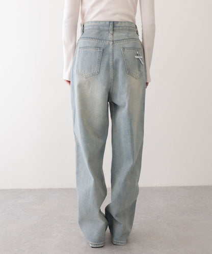 ウォッシュ加工 ダメージ リボン付き ハイウエスト デニムパンツ