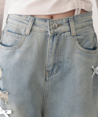 ウォッシュ加工 ダメージ リボン付き ハイウエスト デニムパンツ