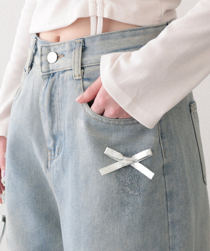 ウォッシュ加工 ダメージ リボン付き ハイウエスト デニムパンツ