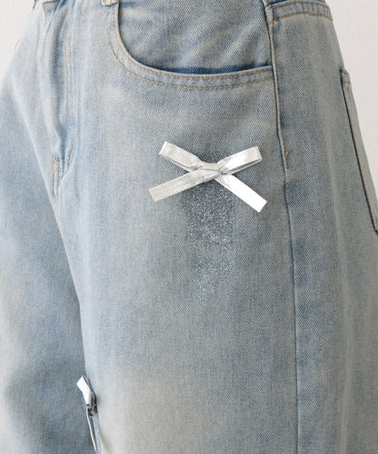 ウォッシュ加工 ダメージ リボン付き ハイウエスト デニムパンツ