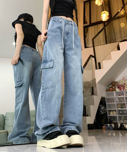 ウォッシュ加工 サイドポケット ワイド デニム カーゴパンツ