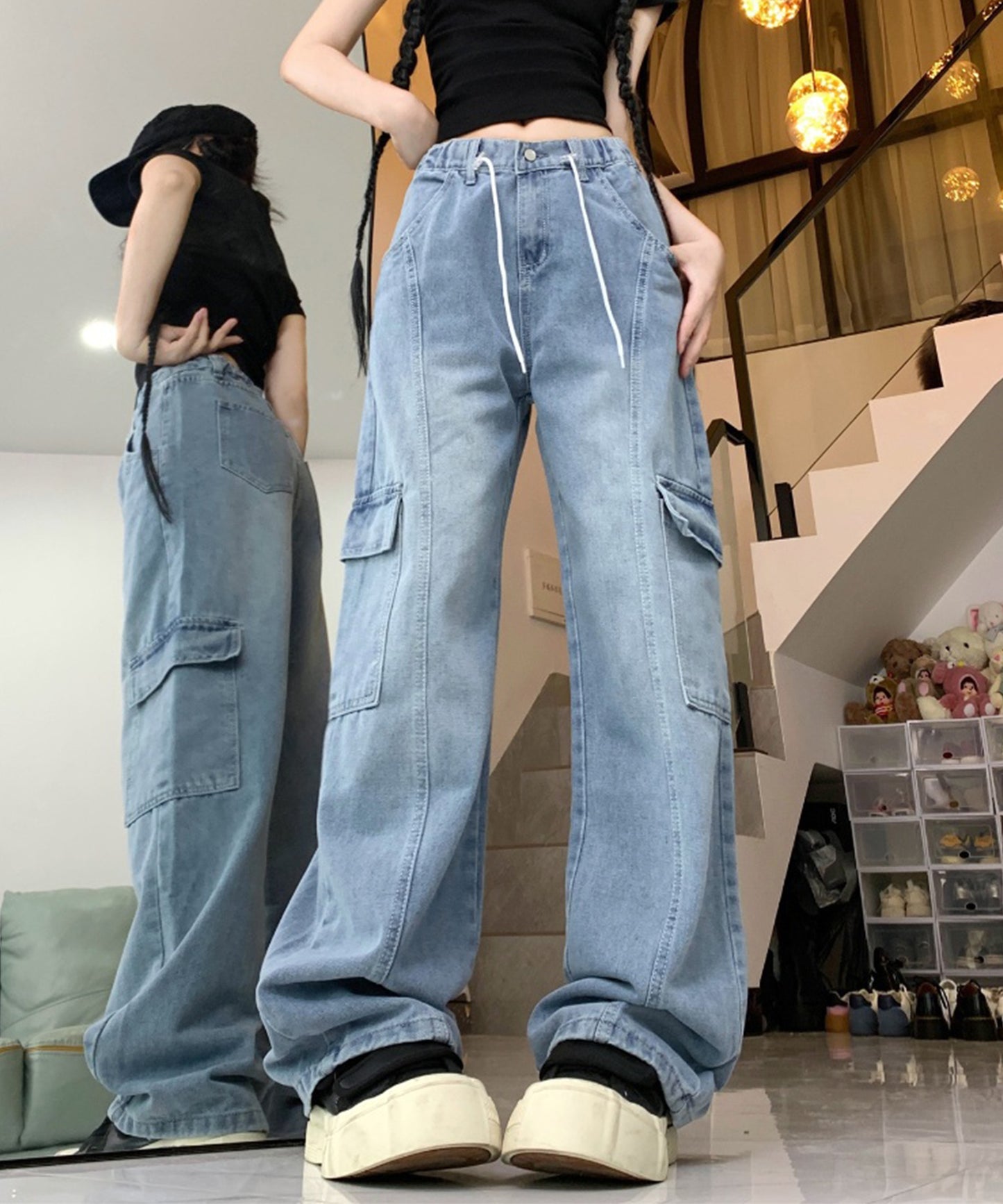 ウォッシュ加工 サイドポケット ワイド デニム カーゴパンツ