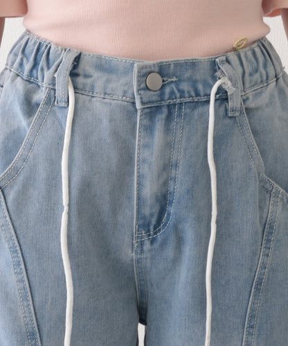 ウォッシュ加工 サイドポケット ワイド デニム カーゴパンツ