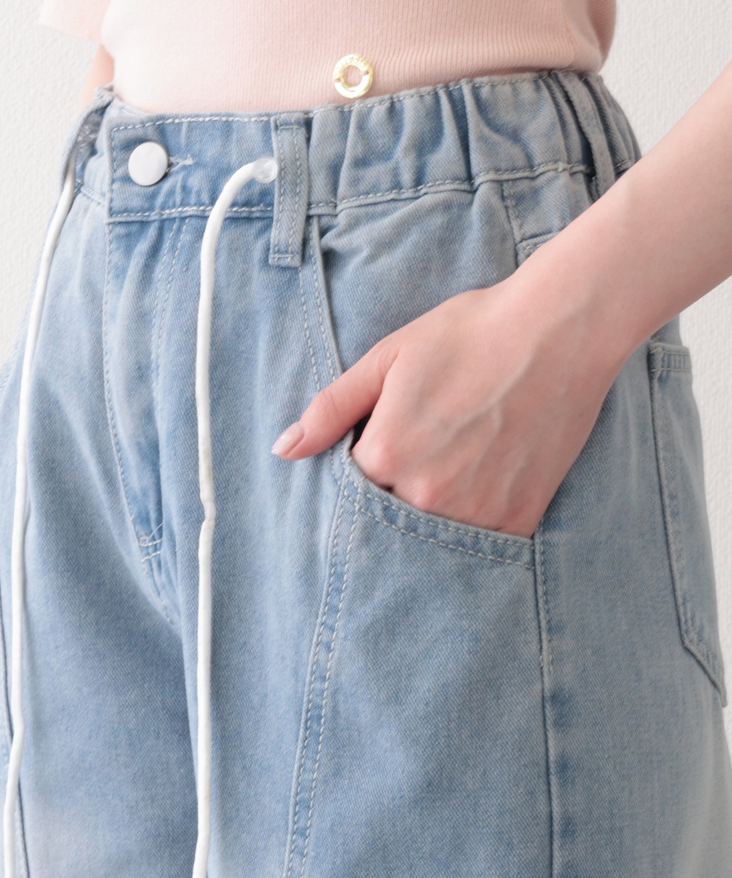 ウォッシュ加工 サイドポケット ワイド デニム カーゴパンツ