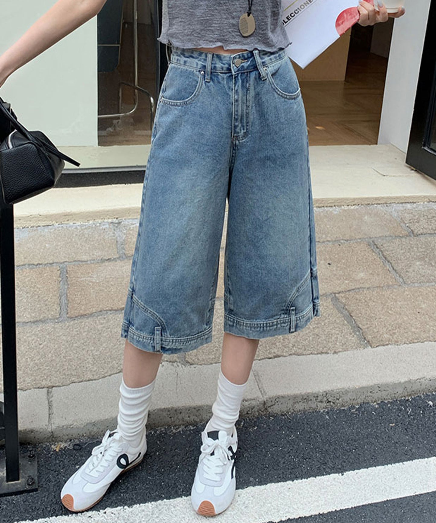 ウォッシュ加工 ユニーク ハイウエスト6分丈 デニムパンツ