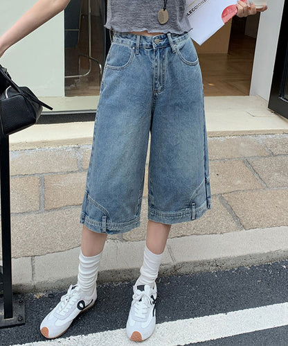 ウォッシュ加工 ユニーク ハイウエスト6分丈 デニムパンツ