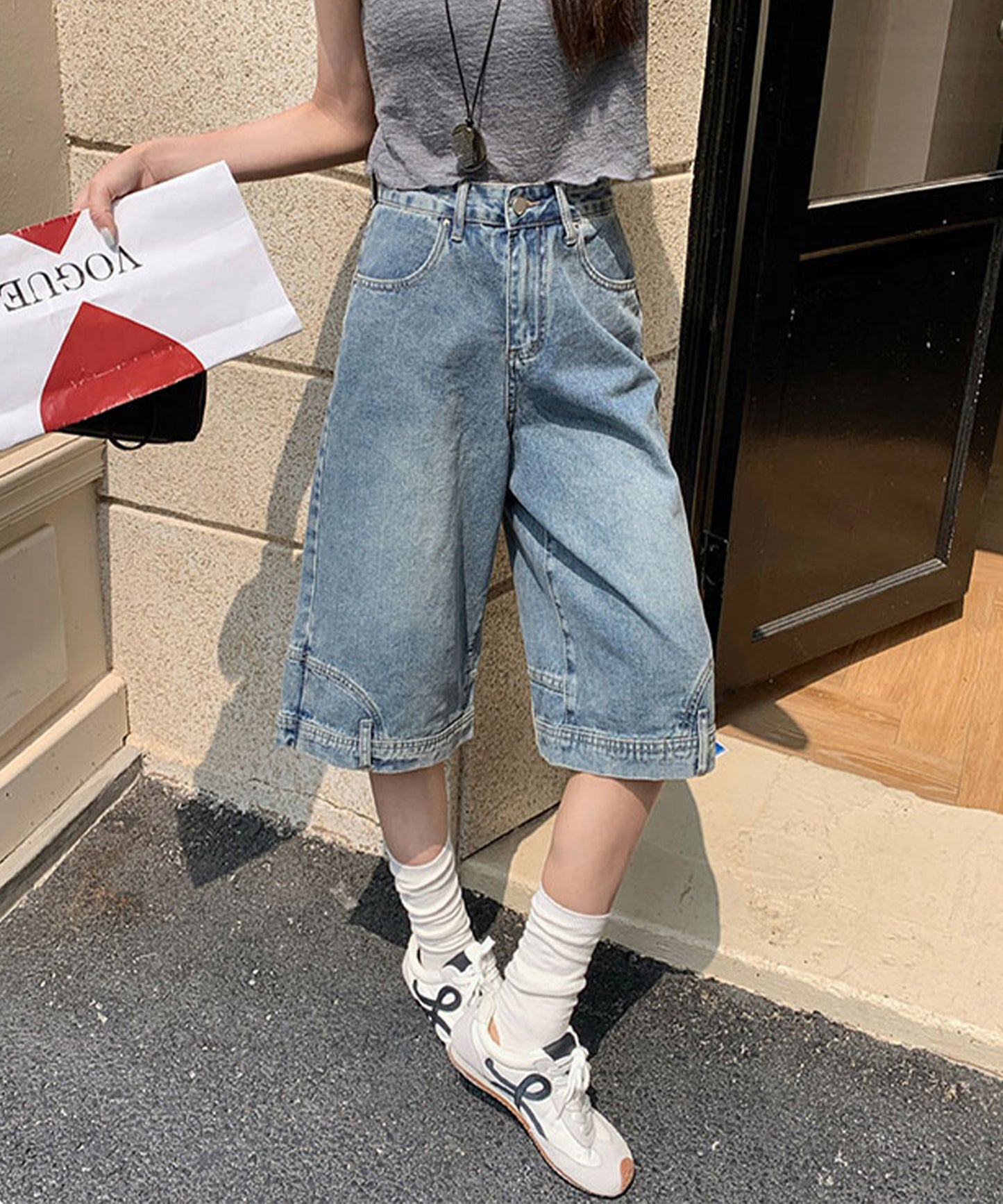 ウォッシュ加工 ユニーク ハイウエスト6分丈 デニムパンツ